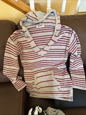 Roxy Hooded V-Neck Sweater in Gray & Burgundy Stripes